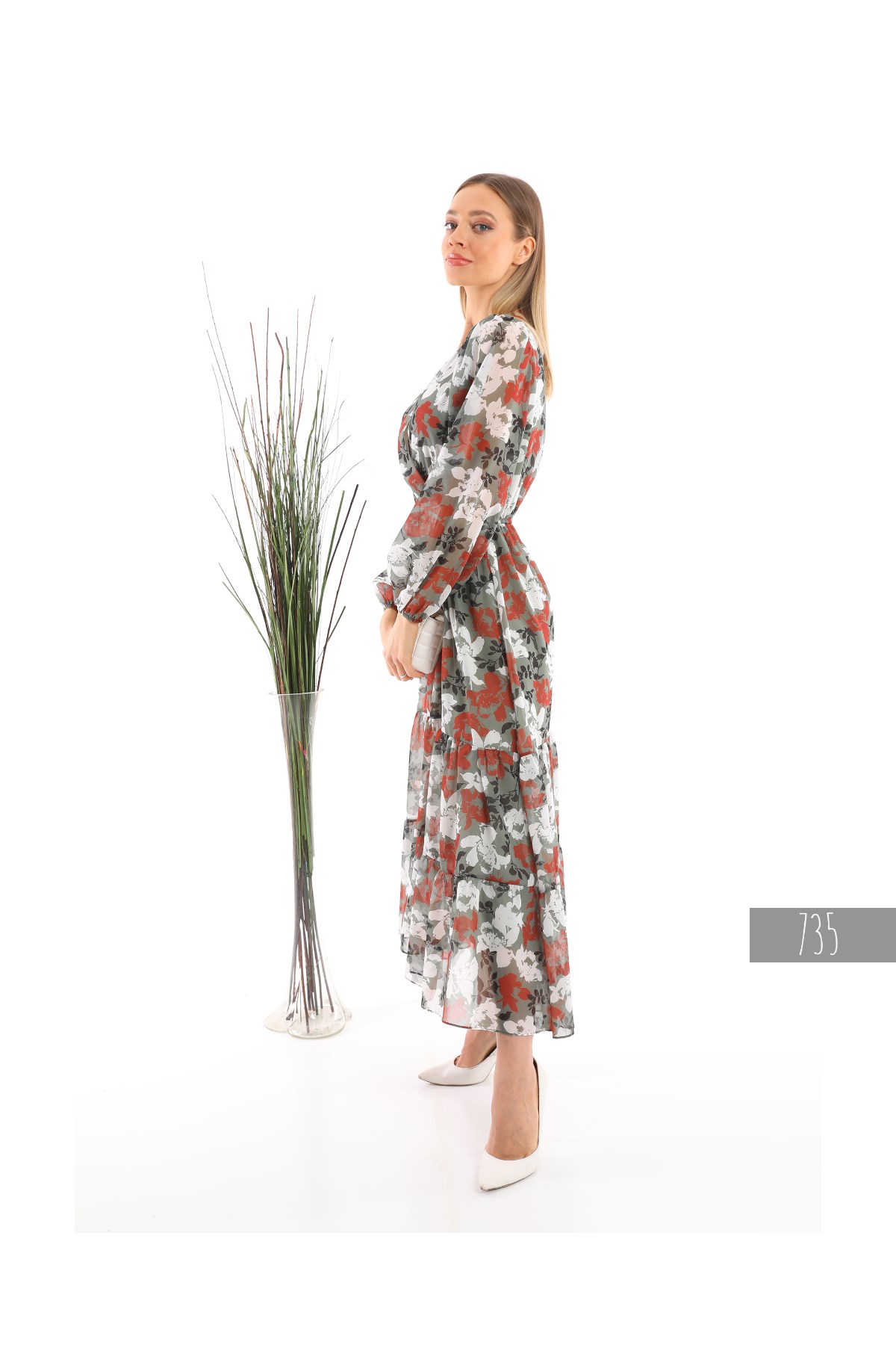 V-neck Long Chiffon Dress