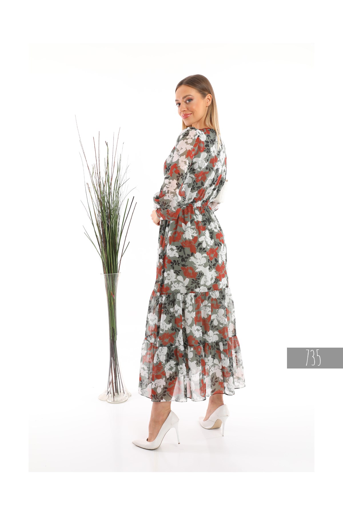 V-neck Long Chiffon Dress