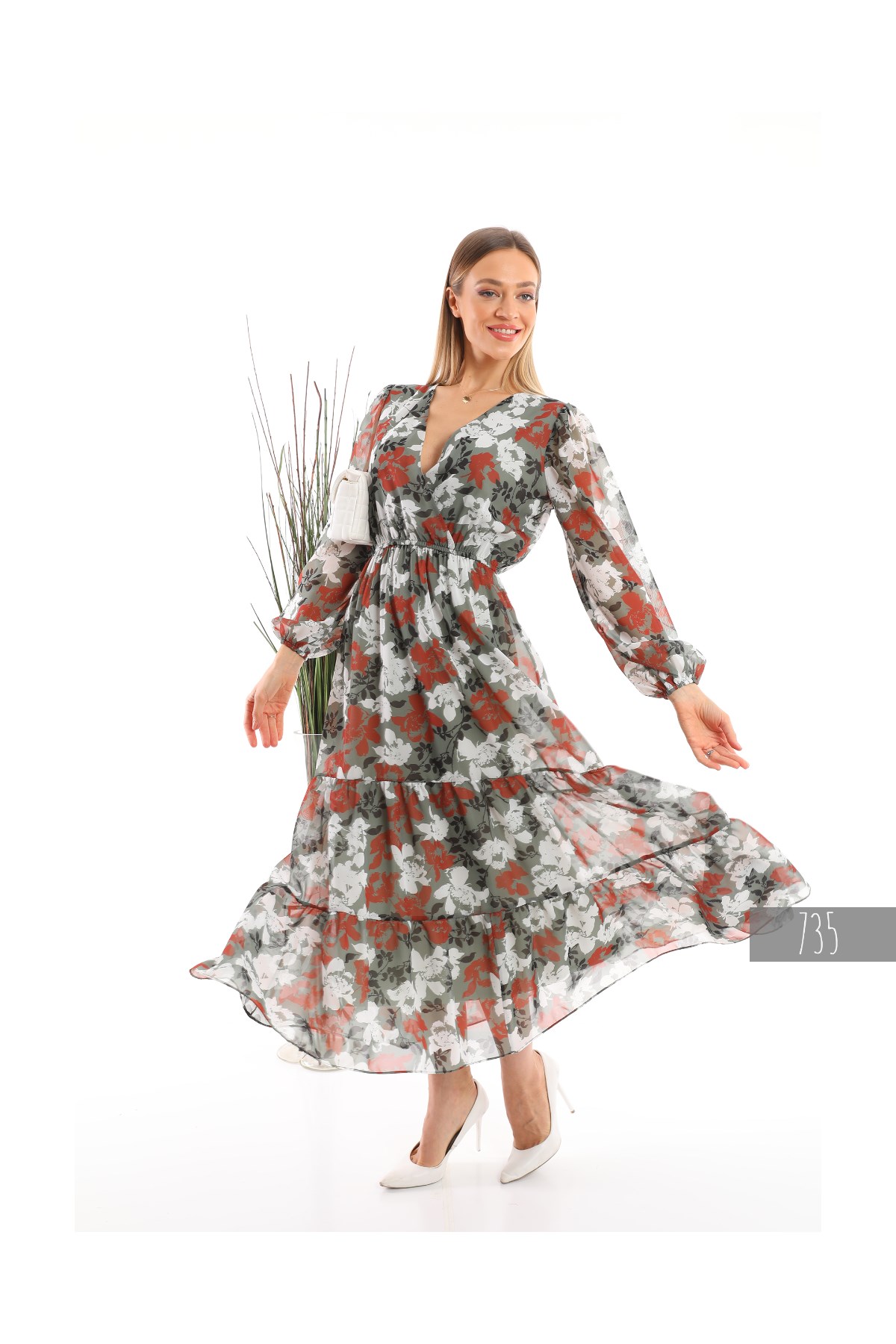 V-neck Long Chiffon Dress