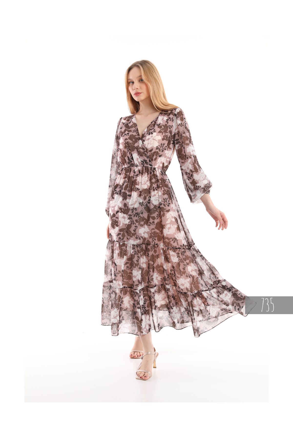 V-neck Long Chiffon Dress