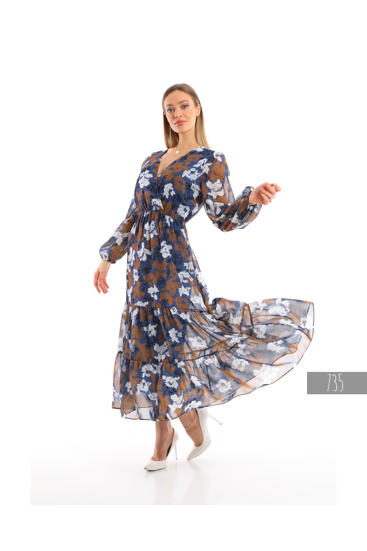 V-neck Long Chiffon Dress