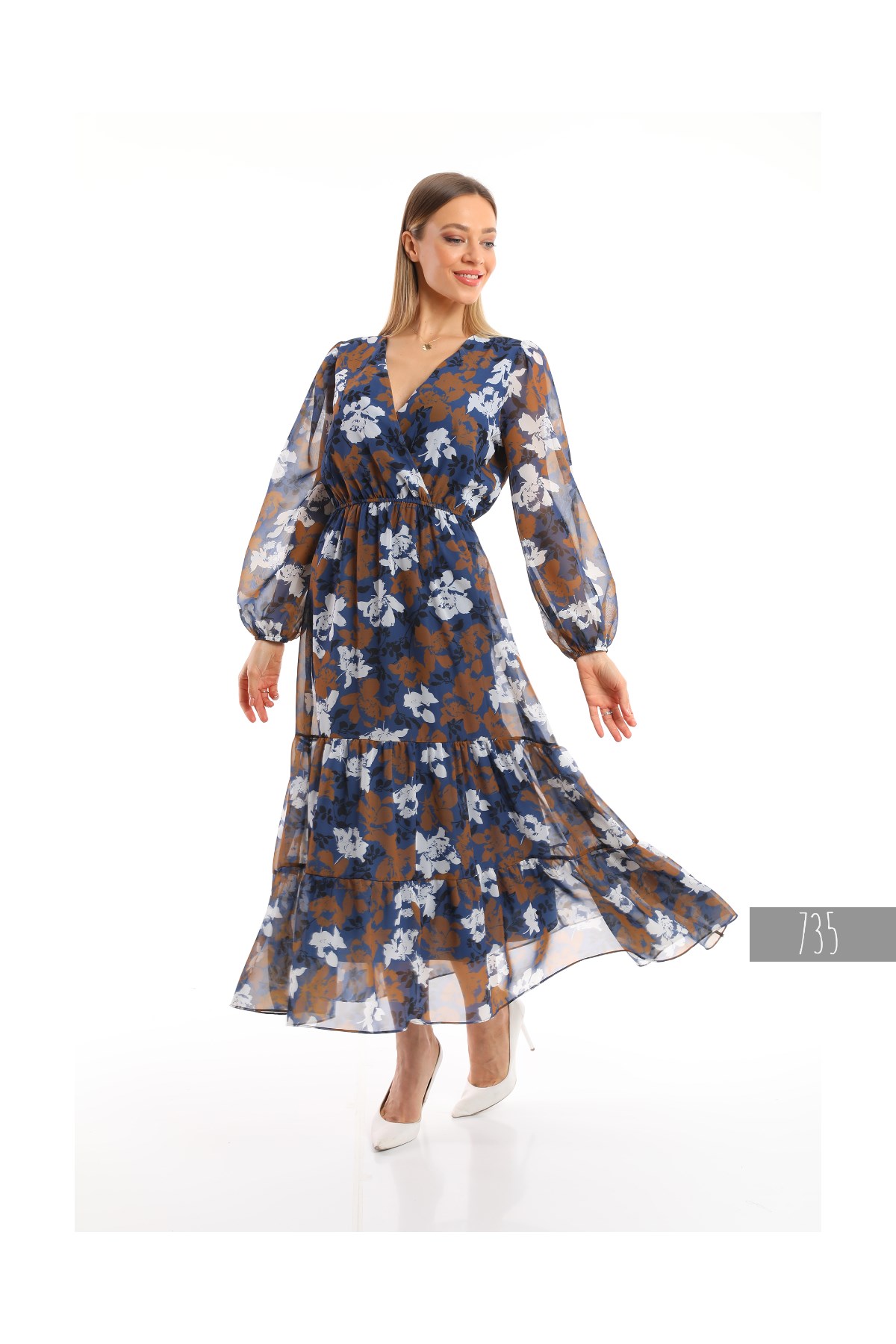 V-neck Long Chiffon Dress