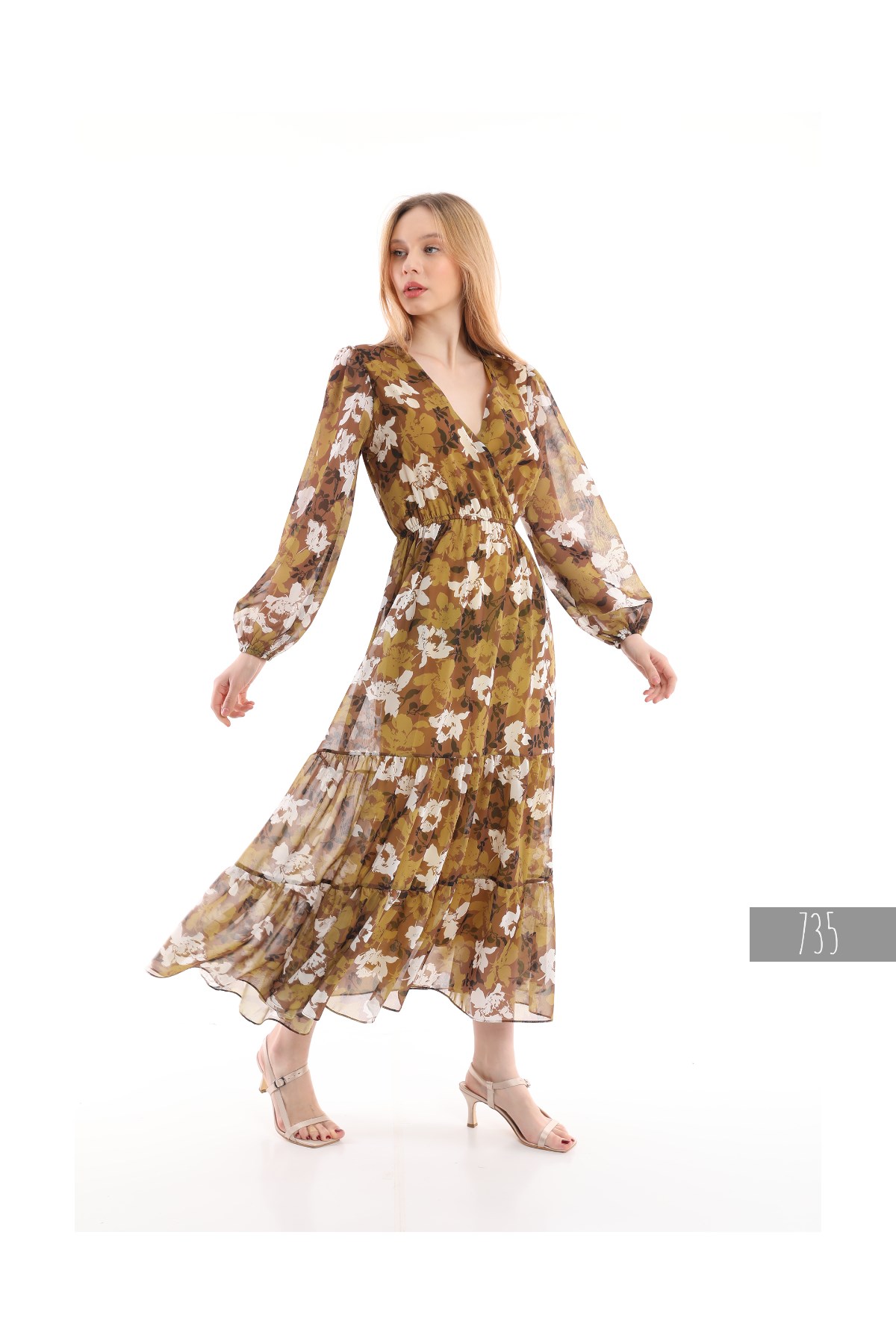 V-neck Long Chiffon Dress