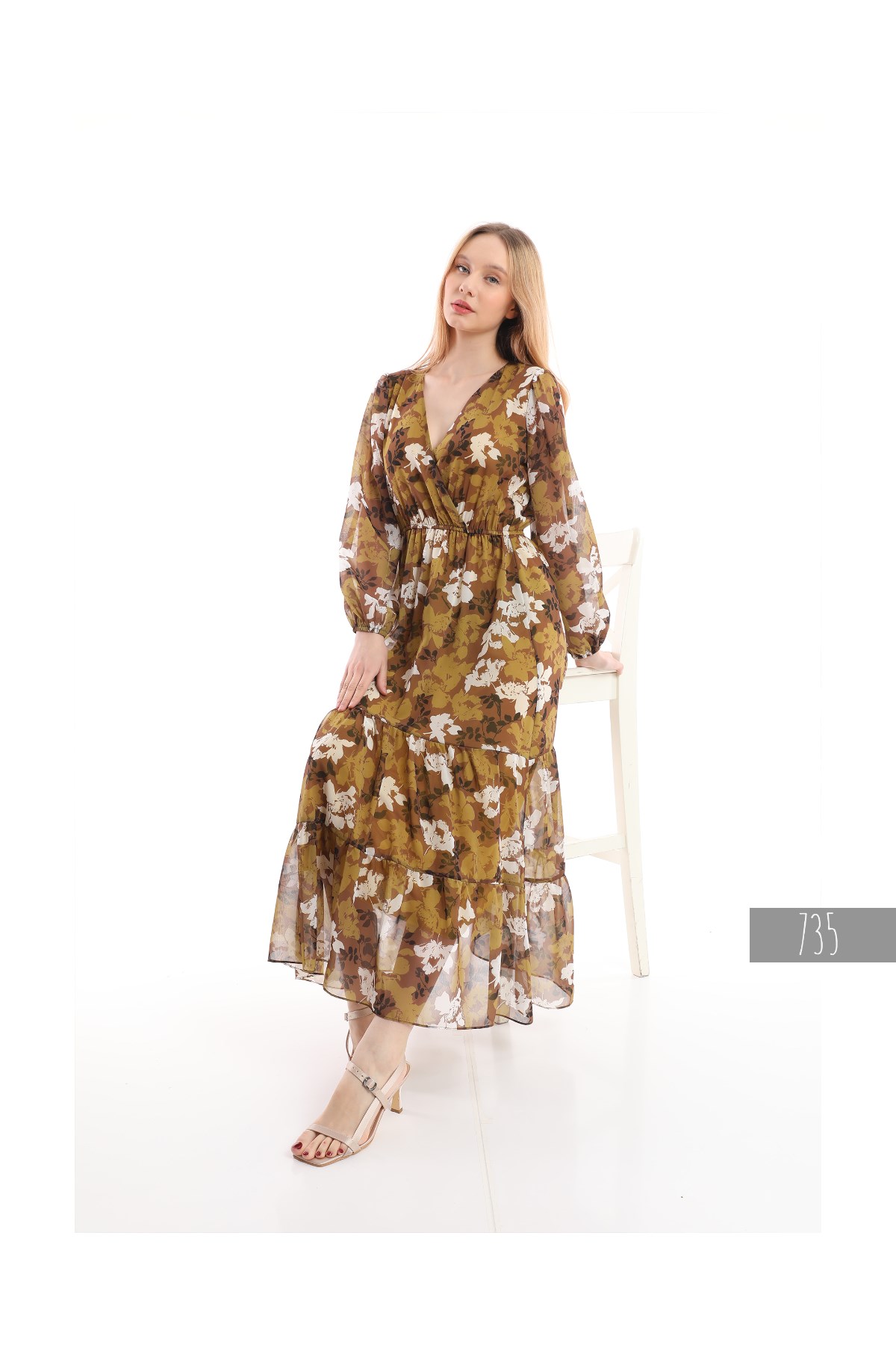 V-neck Long Chiffon Dress