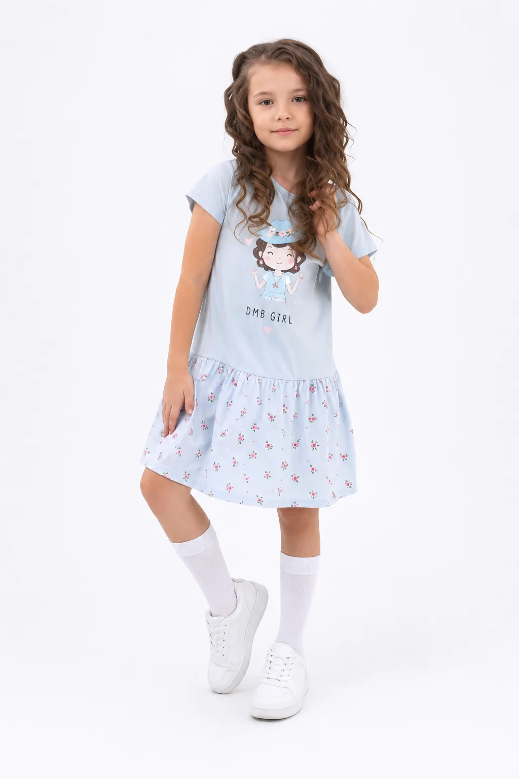 DMB Girls Short Sleeve Dress – Cartoon Print – Light Blue color option
