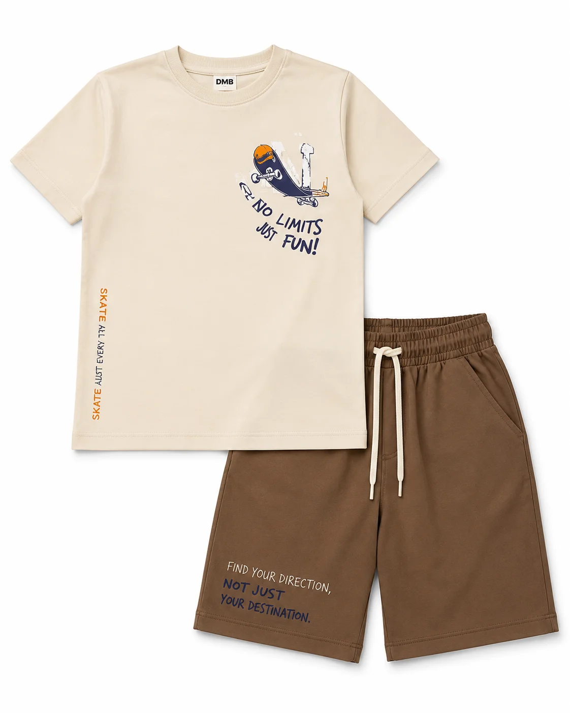 DMB Boys' Short Sleeve T-Shirt & Shorts Set – 2 Pieces – Beige & Brown