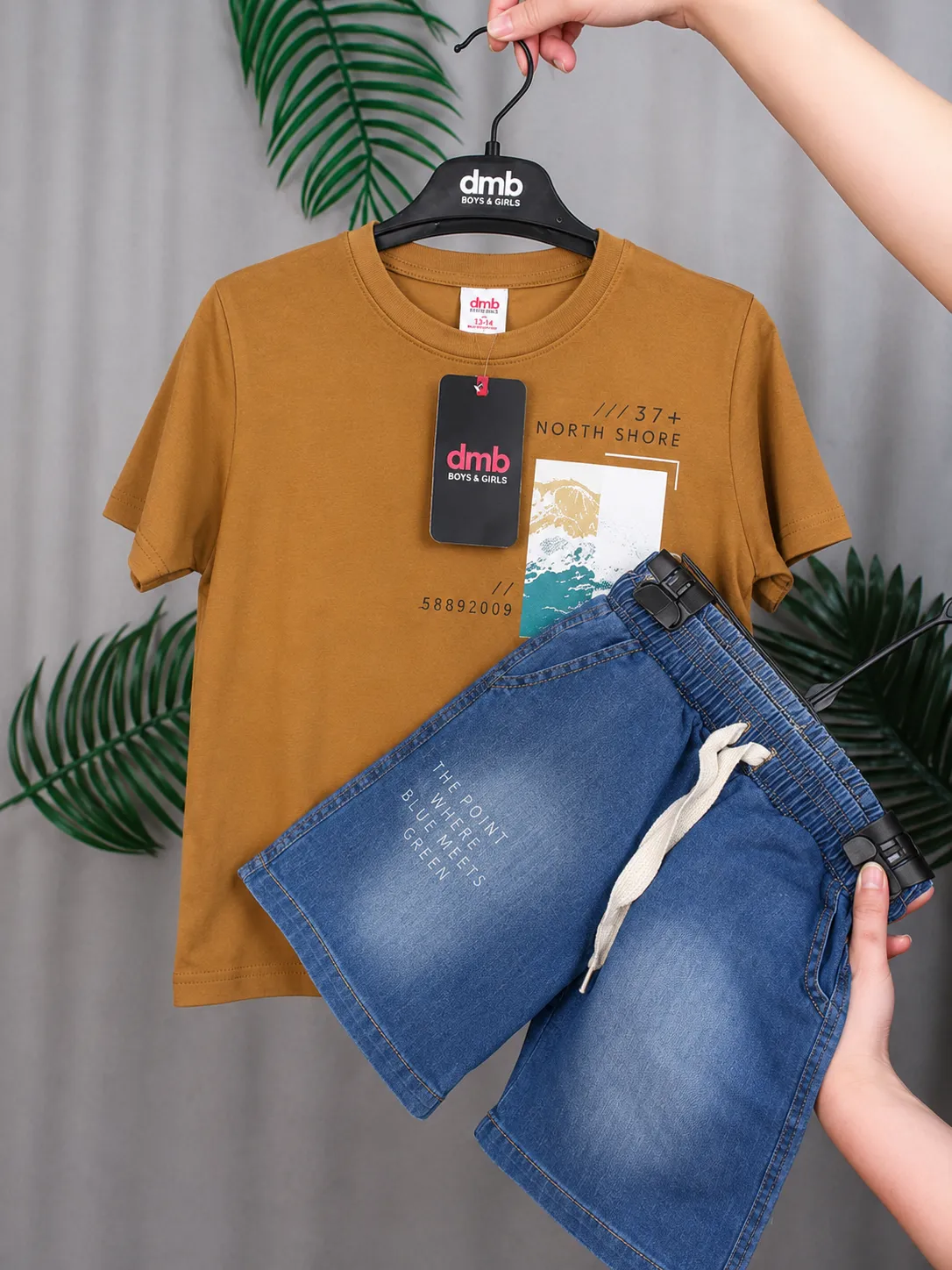 DMB Kids Summer Clothing Set – Short Sleeve Printed T-Shirt & Denim Shorts – 2 Pieces – Brown & Blue color option