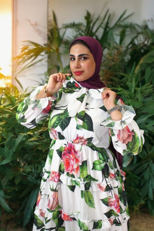 Crepe Fabric Chiffon Sleeve Detailed Floral Long Dress