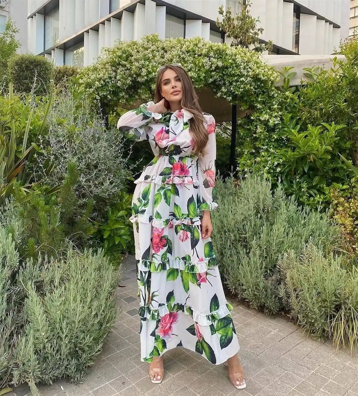 Crepe Fabric Chiffon Sleeve Detailed Floral Long Dress