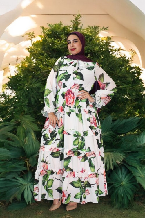 Crepe Fabric Chiffon Sleeve Detailed Floral Long Dress