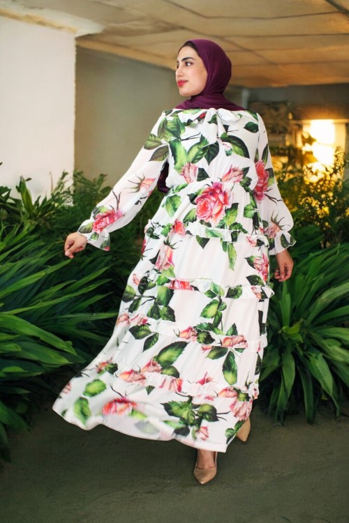 Crepe Fabric Chiffon Sleeve Detailed Floral Long Dress