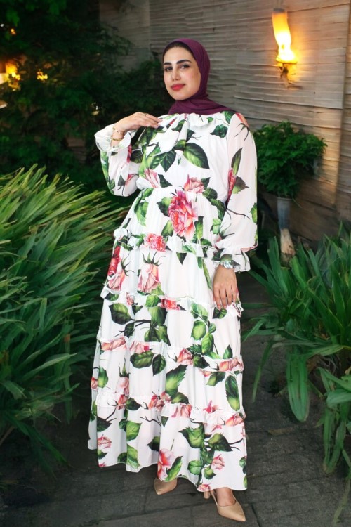 Crepe Fabric Chiffon Sleeve Detailed Floral Long Dress