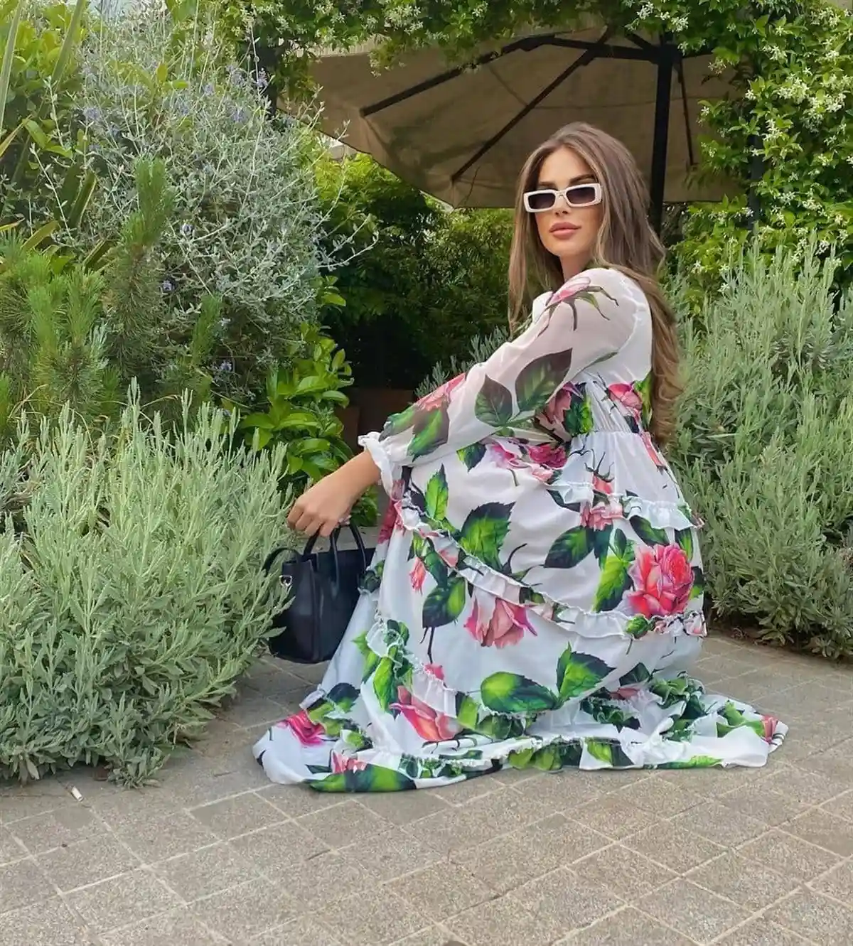 Crepe Fabric Chiffon Sleeve Detailed Floral Long Dress