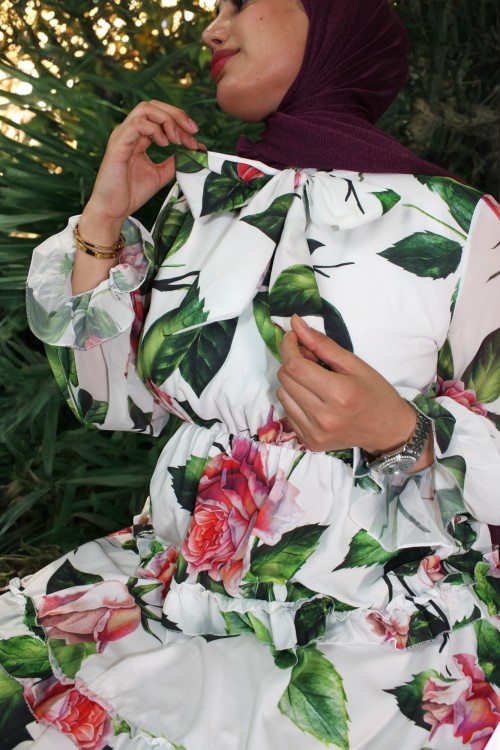 Crepe Fabric Chiffon Sleeve Detailed Floral Long Dress
