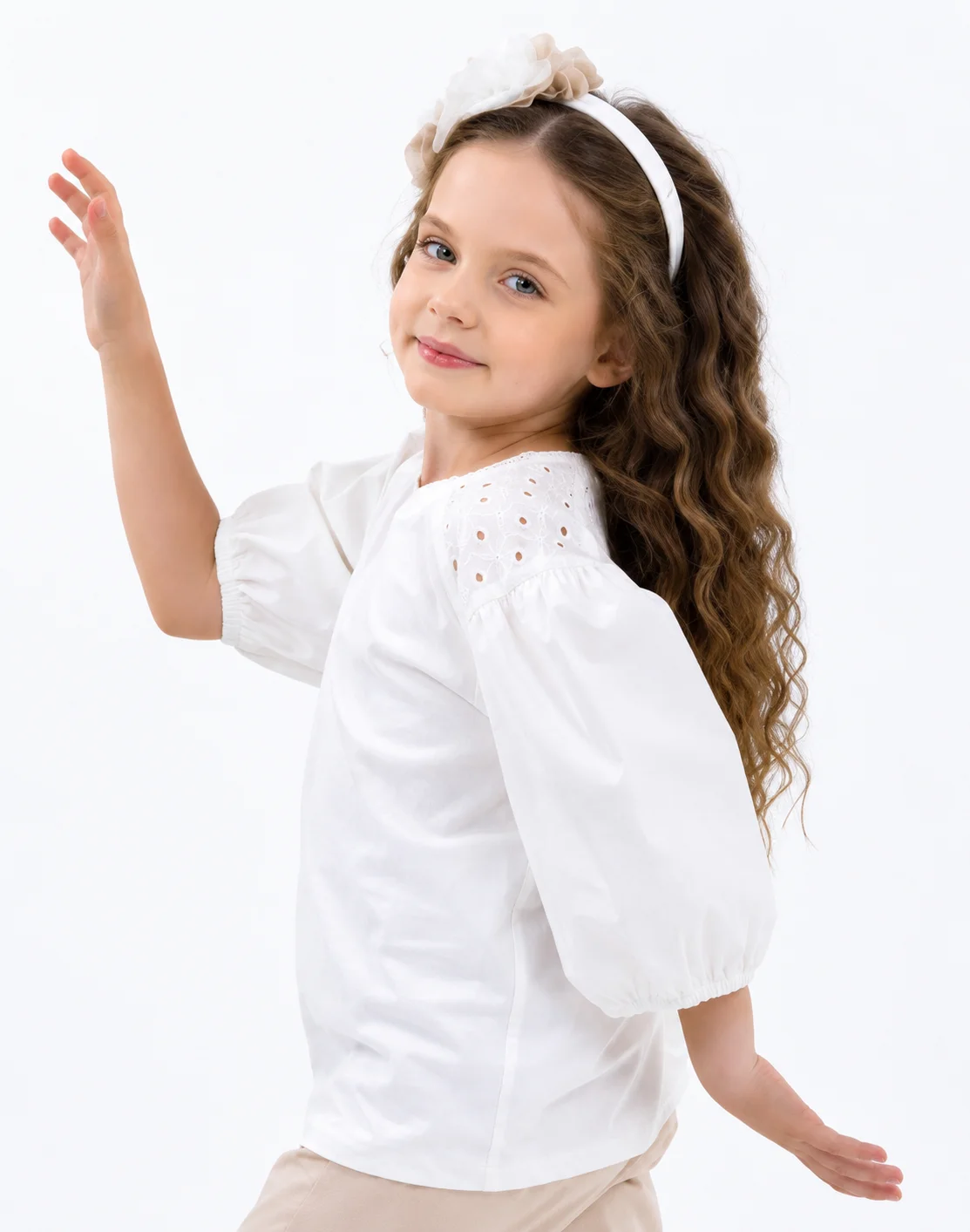 DMB Girls' Puff Sleeve Blouse – High Neck – White