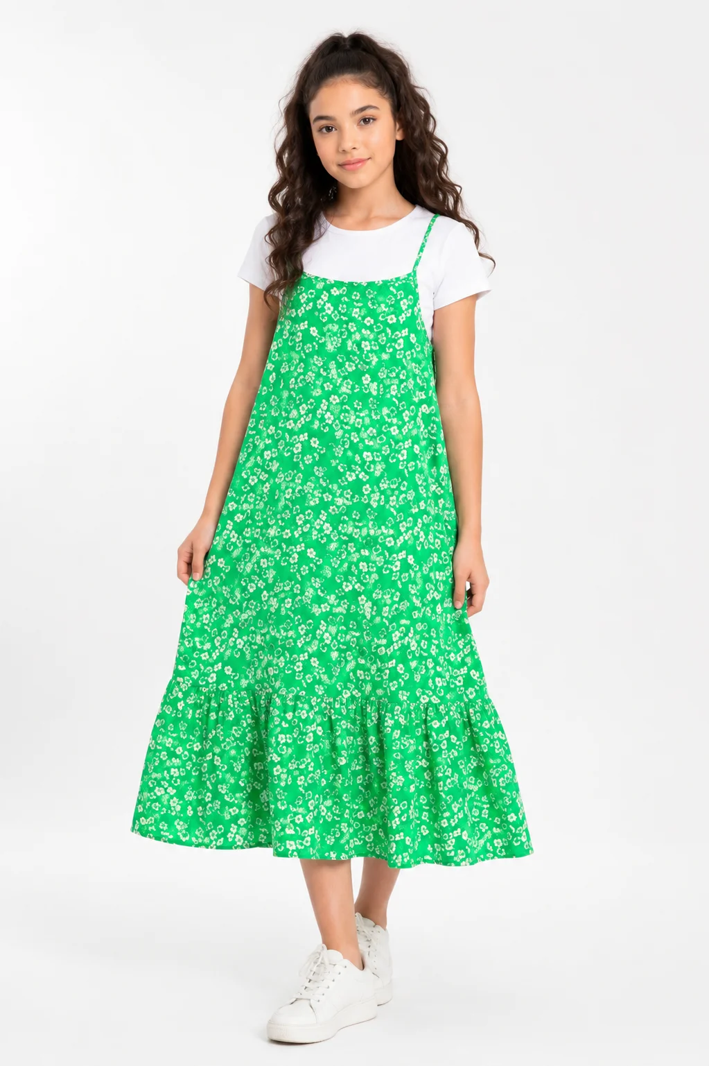DMB Girls Floral Layered Dress Set – Short Sleeve – 2 Pieces – green