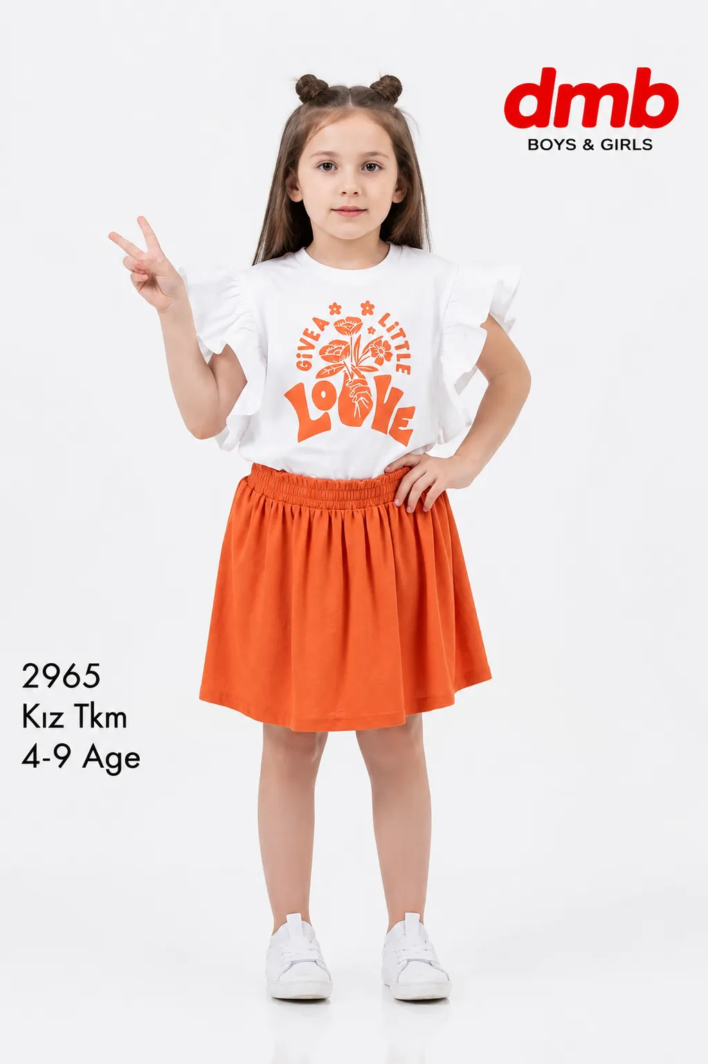 DMB Girls Flutter Sleeve T-Shirt & Skirt Set – Printed – White / orange