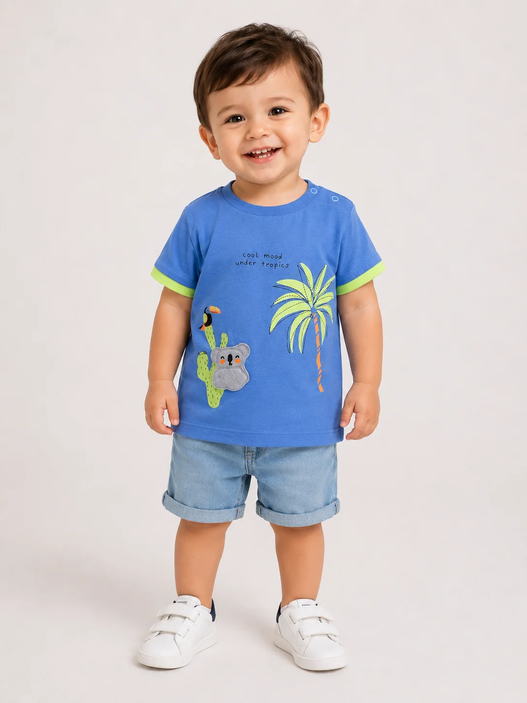 Tuffy Kids T-Shirt - Tropical Koala & Palm Tree Print - Soft Cotton Fabric - Blue image 1