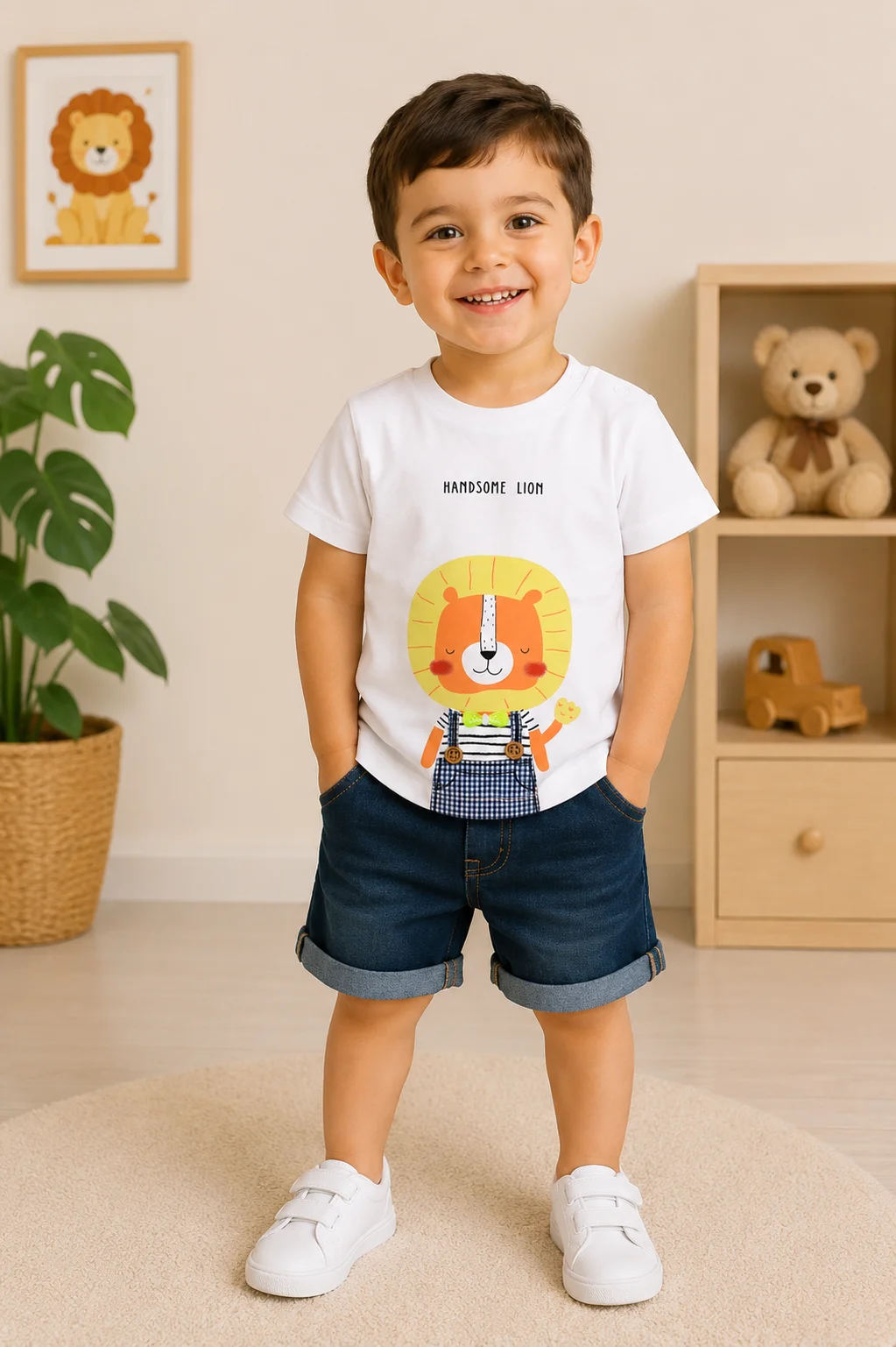 Tuffy Kids Boys Short Sleeve T-Shirt – Handsome Lion Print – Cotton Fabric – White