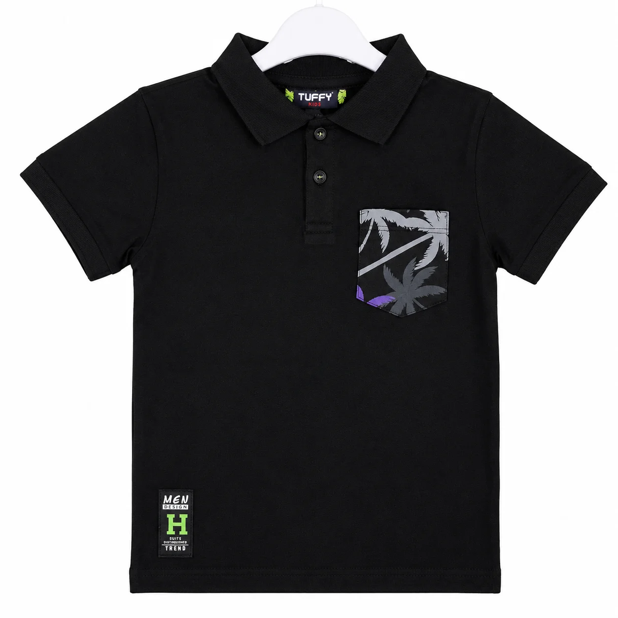 Tuffy Kids Polo T-Shirt – Short Sleeve Cotton Polo with Printed Pocket Design – Black image 1