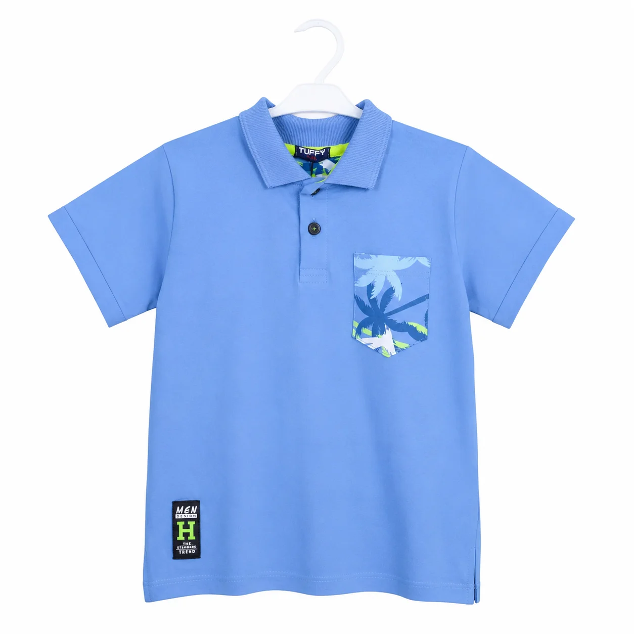 Tuffy Kids Polo T-Shirt – Short Sleeve Cotton Polo with Printed Pocket Design – Blue color option