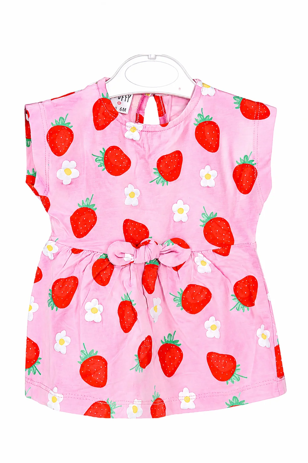 Tuffy Kids Girls Dress – Strawberry Print Casual Dress – Soft Cotton Fabric – Bow Waist Design – Pink