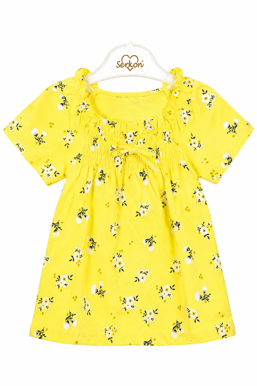 Tuffy Kids Girls Dress – Floral Print Casual Dress – Soft Cotton Fabric – Smocked Neck Design – Yellow