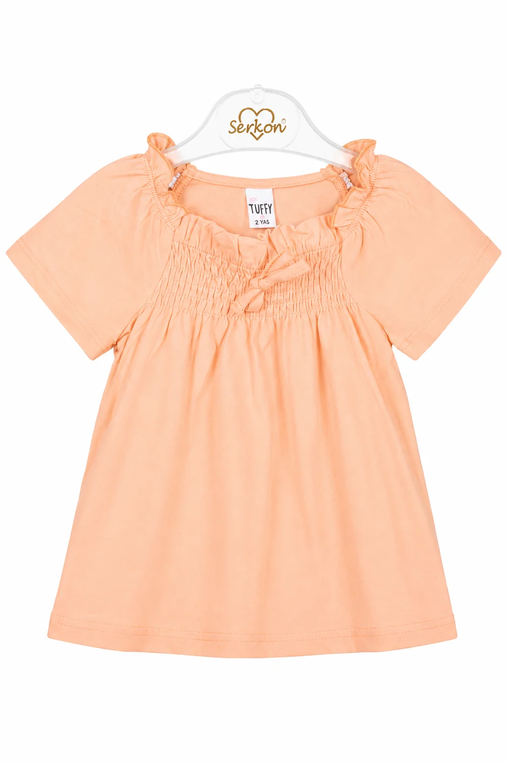 Tuffy Kids Girls Dress – Solid Color Casual Dress – Soft Cotton Fabric – Smocked Neck Design – Peach