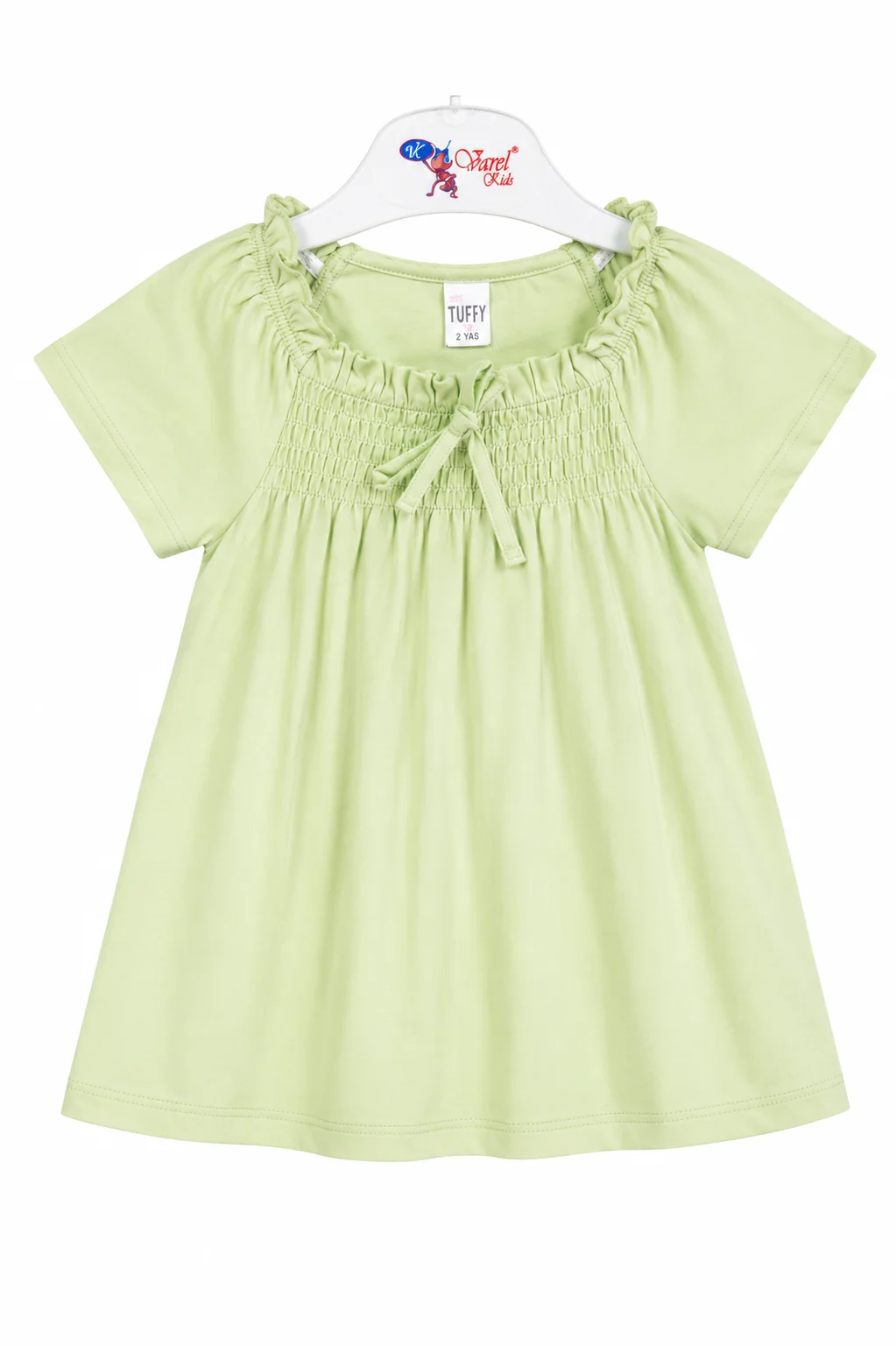 Tuffy Kids Girls Dress – Solid Color Casual Dress – Soft Cotton Fabric – Smocked Neck Design – Light Green color option