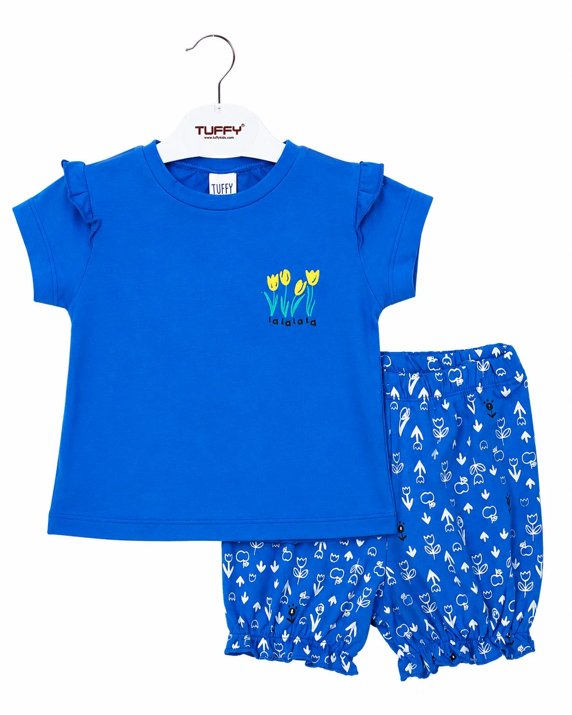 Tuffy Kids Girls Clothing Set – Floral Print T-Shirt & Shorts Set – Soft Cotton Fabric – 2-Piece Outfit – Blue