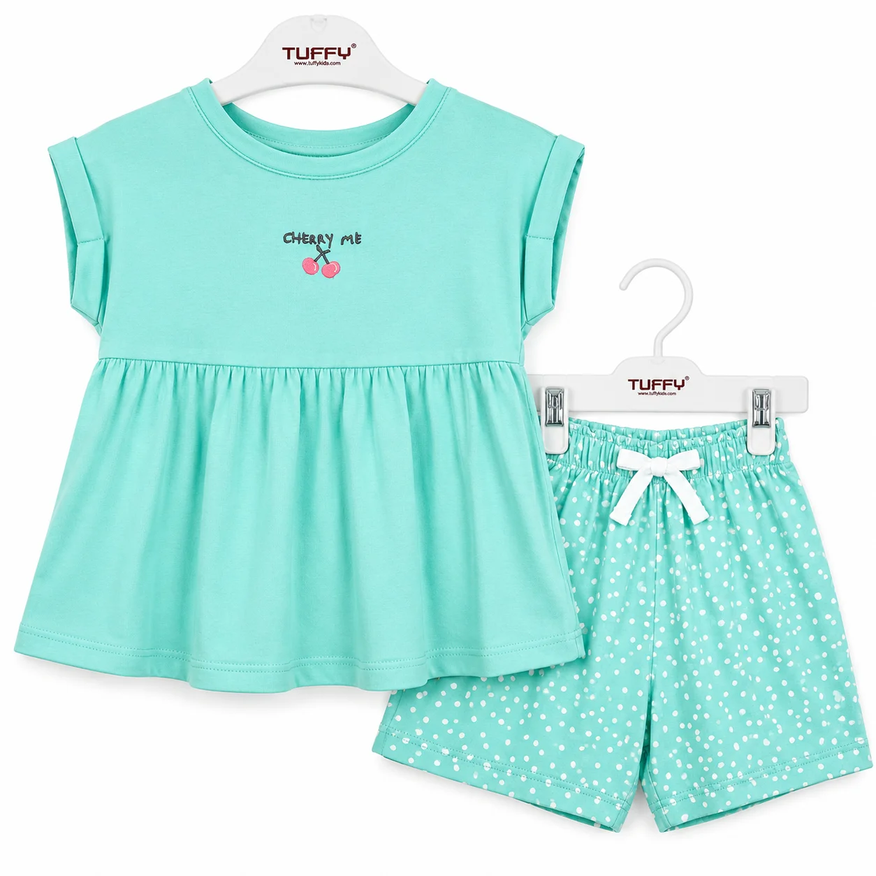 Tuffy Kids - Girls Cherry Print Top & Polka Dot Shorts Set - Soft Cotton - Mint Green color option