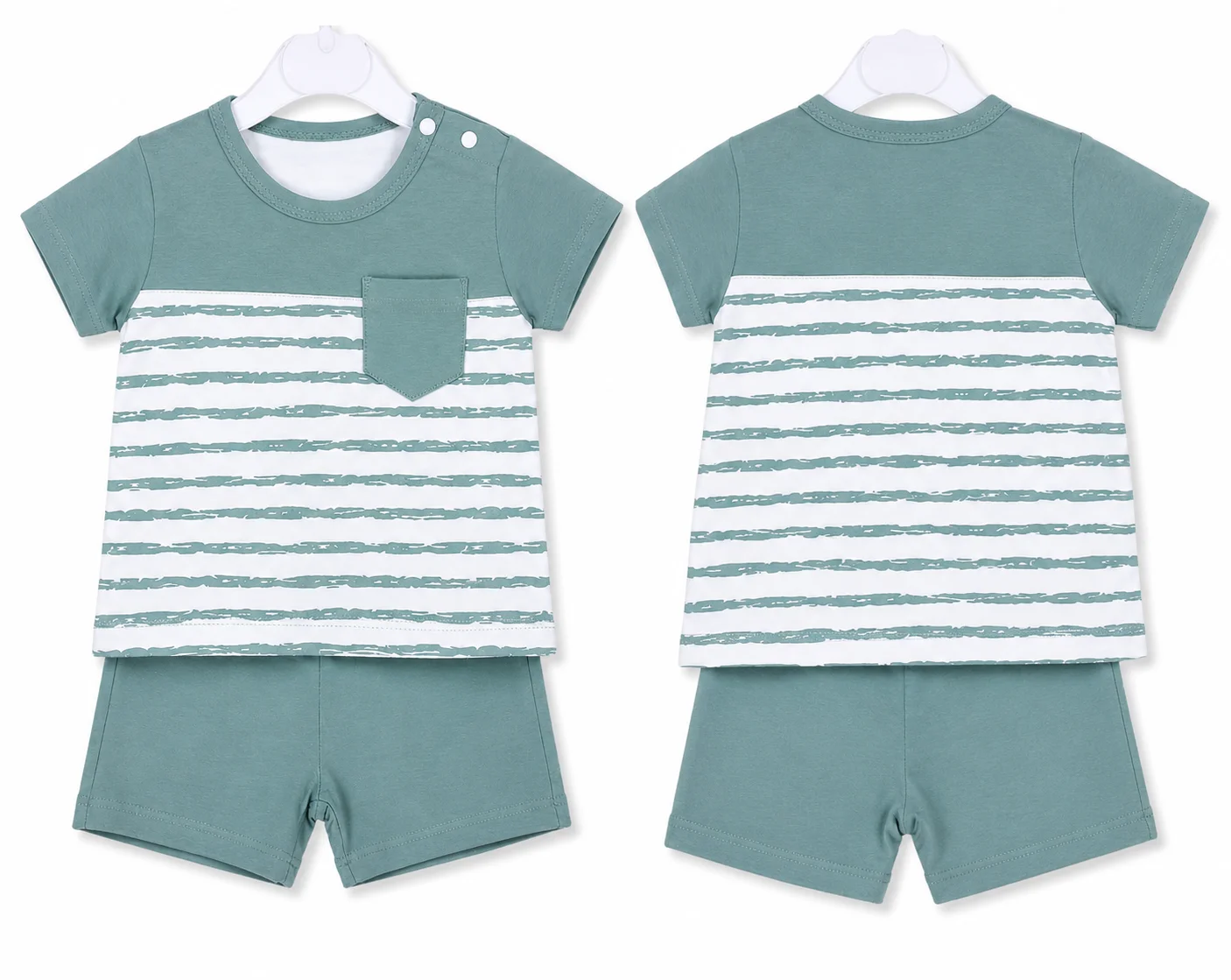Beyaz Bebek Baby Boys' Short Sleeve T-Shirt & Shorts Set – Green & White Striped – 2 Pieces color option