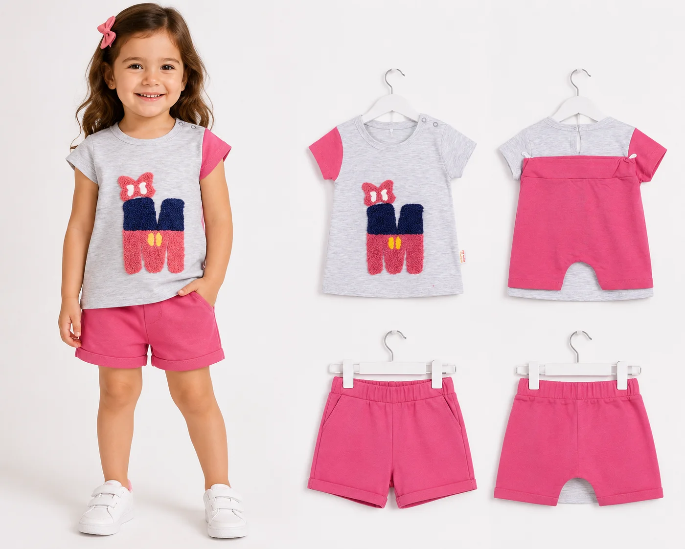 Beyaz Bebek Girls' T-Shirt & Shorts Set – Minnie-Inspired Patch Design – Grey & Pink – 2 Pieces color option