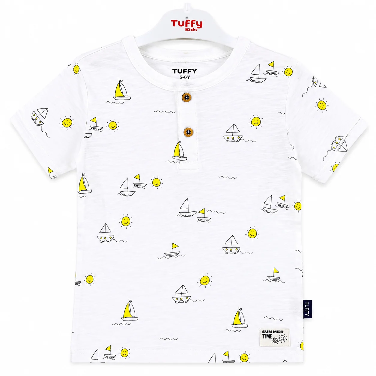 Tuffy Kids - Boys Printed Short Sleeve T-Shirt - Sailboat & Sun Pattern - White color option