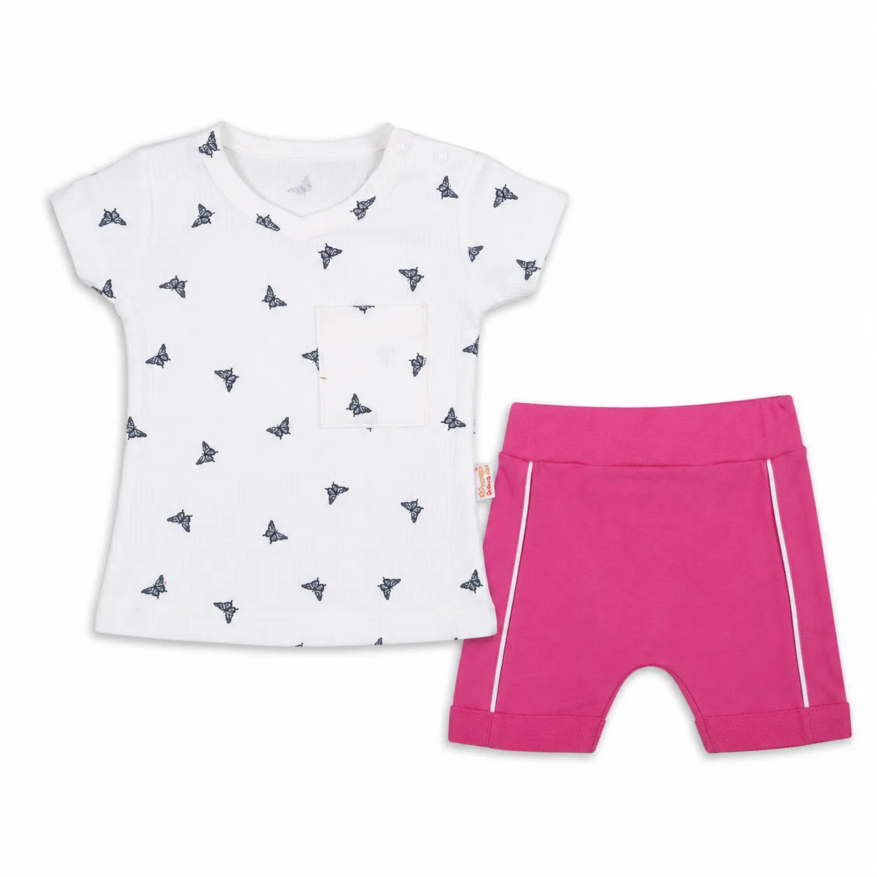 Beyaz Bebek Girls' Short Sleeve T-Shirt & Shorts Set – Butterfly Print – fuchsia color option
