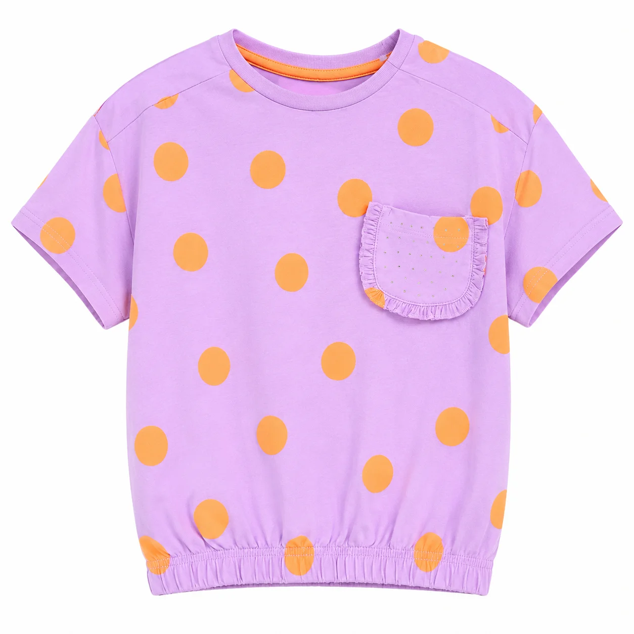 Tuffy Kids - Girls Short Sleeve T-Shirt - Polka Dot Print & Decorative Pocket - Lavender / Orange