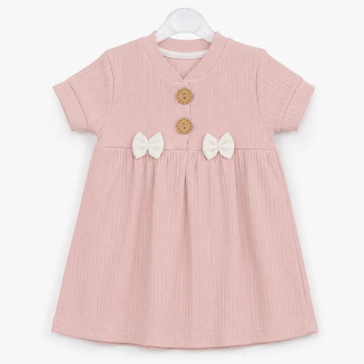 Beyaz Bebek Girls Cotton Dress with Bow Detail & Button Front – Short Sleeve –  Ruddy Pink