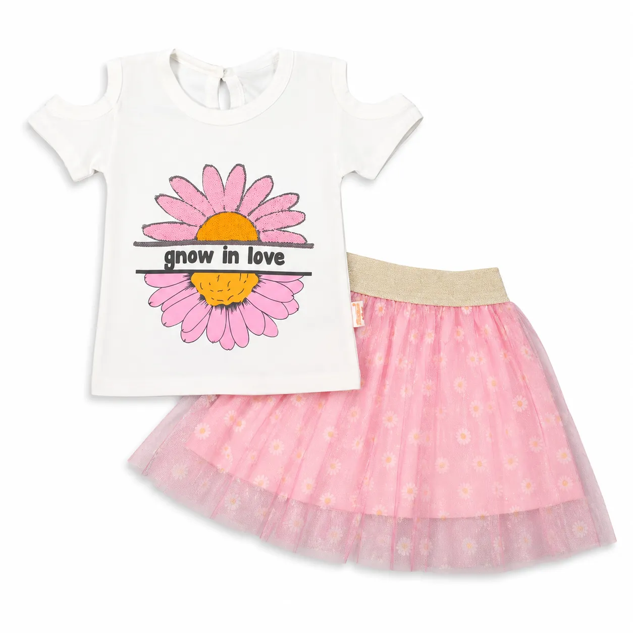 Beyaz Bebek Girls T-Shirt & Tulle Skirt Set – Daisy Print – Short Sleeve –  White & Pink – 2 Pieces