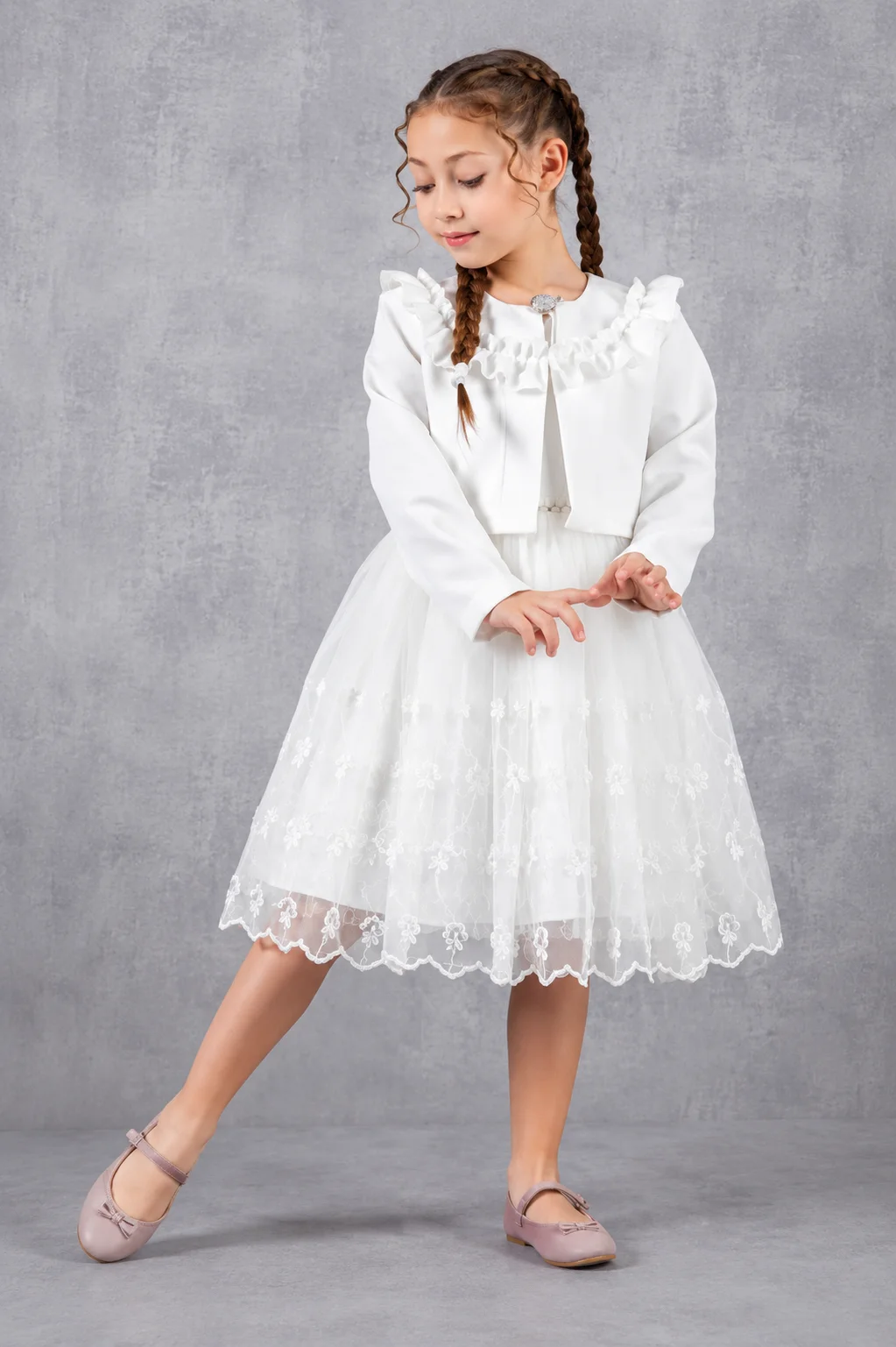 Tivido - Girls Lace Dress with Cropped Jacket - White color option