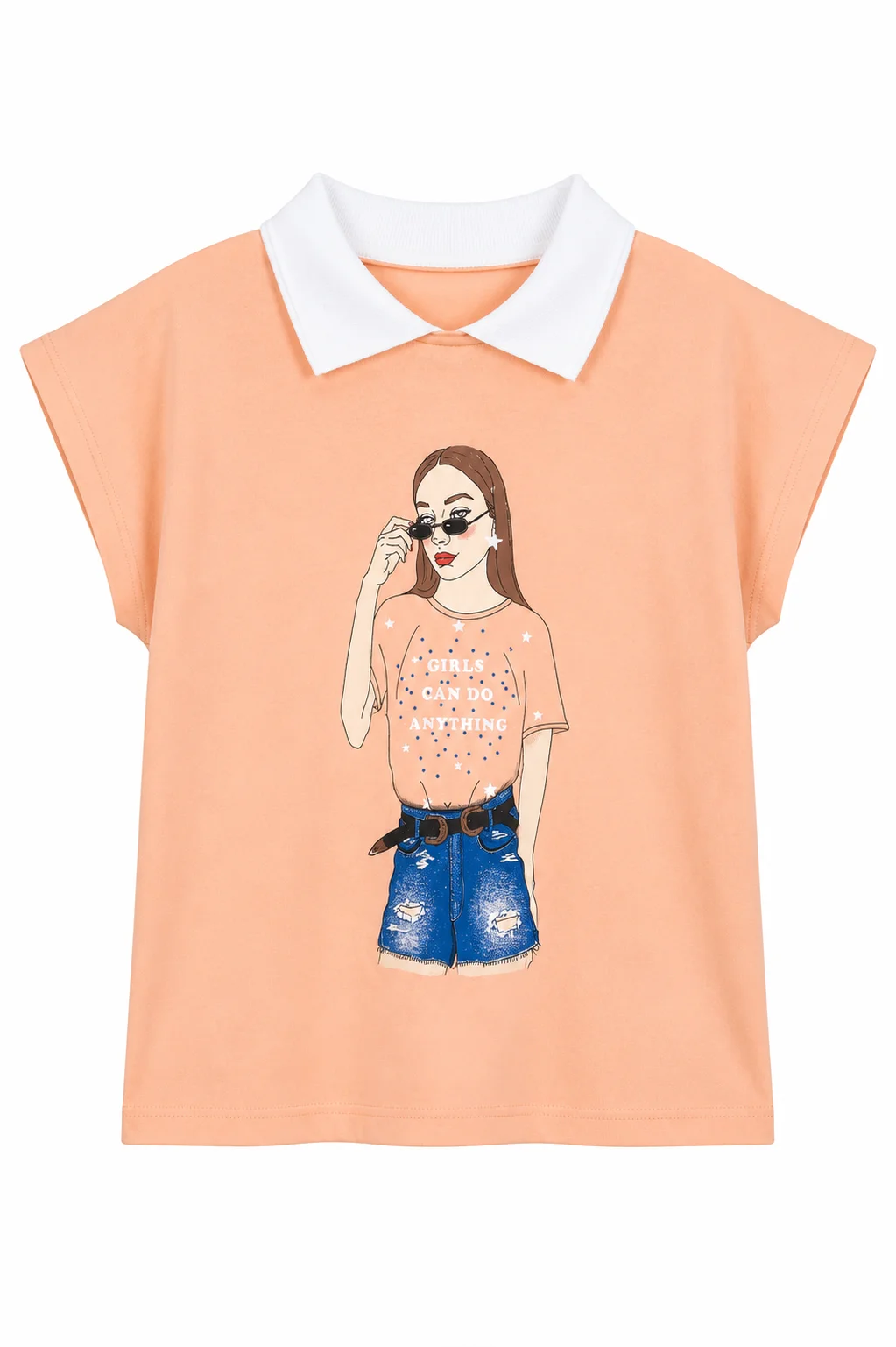 Tuffy Kids - Girls Wide Sleeve T-Shirt - Girl Print Design - White Collar - Peach color option