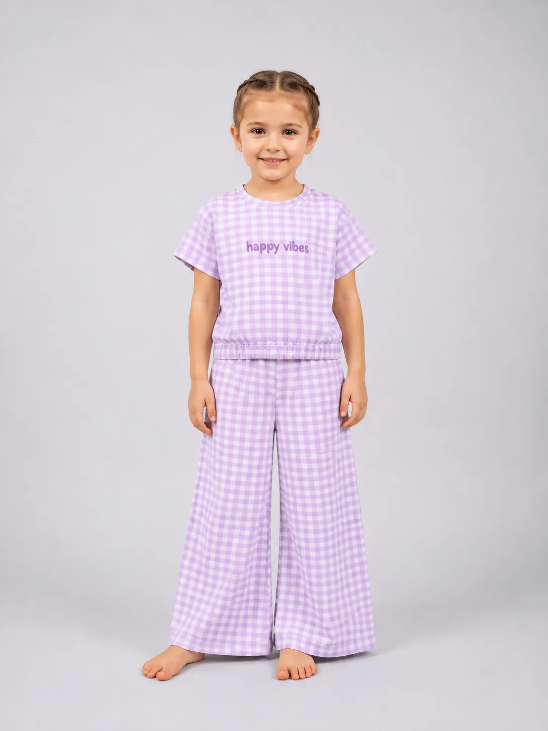 Tuffy Girls Two-Piece Lounge Set – Short Sleeve Top & Wide-Leg Pants – Purple Checkered Pattern color option