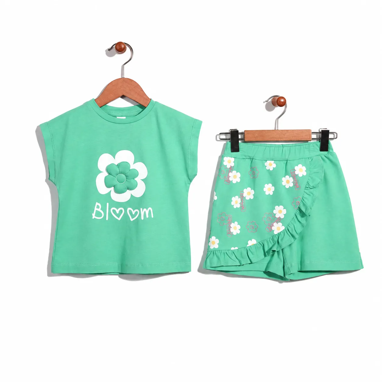Tuffy Girls Bloom T-Shirt & Shorts Set - Floral Print - Green