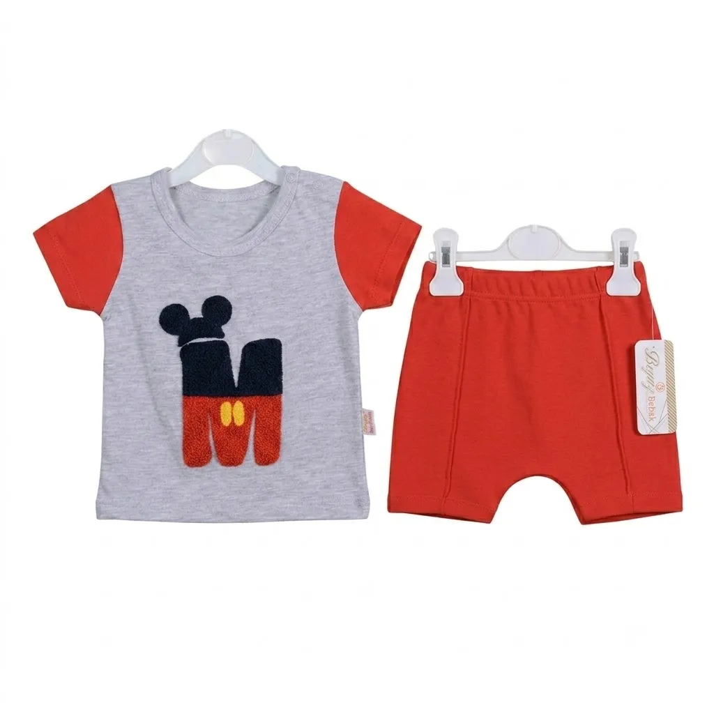 Beyaz Bebek Baby T-Shirt & Shorts Set with Mickey-Inspired Embroidered Design – Short Sleeve – red color option