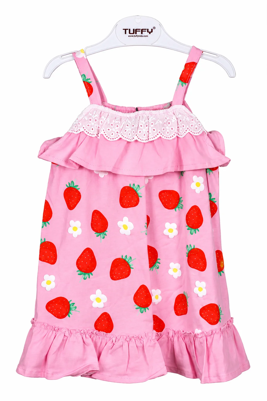 Tuffy Kids Girls Strawberry Print Dress – Sleeveless Ruffle Design – Pink color option