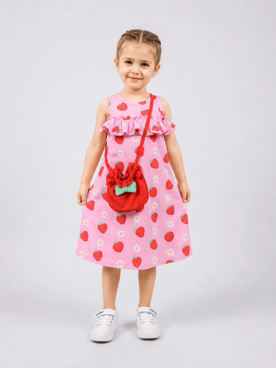 Tuffy Kids - Girls StrawberryPrint Sleeveless Dress with Matching Crossbody Bag - Pink color option