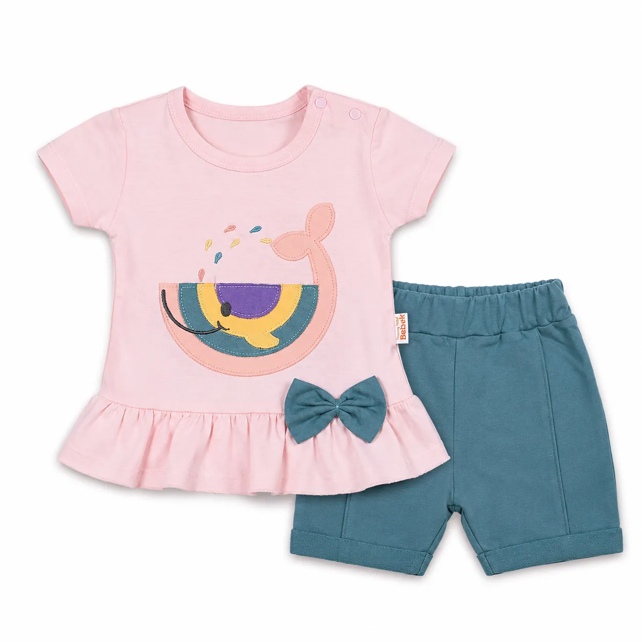 Beyaz Bebek Girls' Whale Print T-Shirt & Shorts Set – Short Sleeve – 2 Pieces – pink and green color option