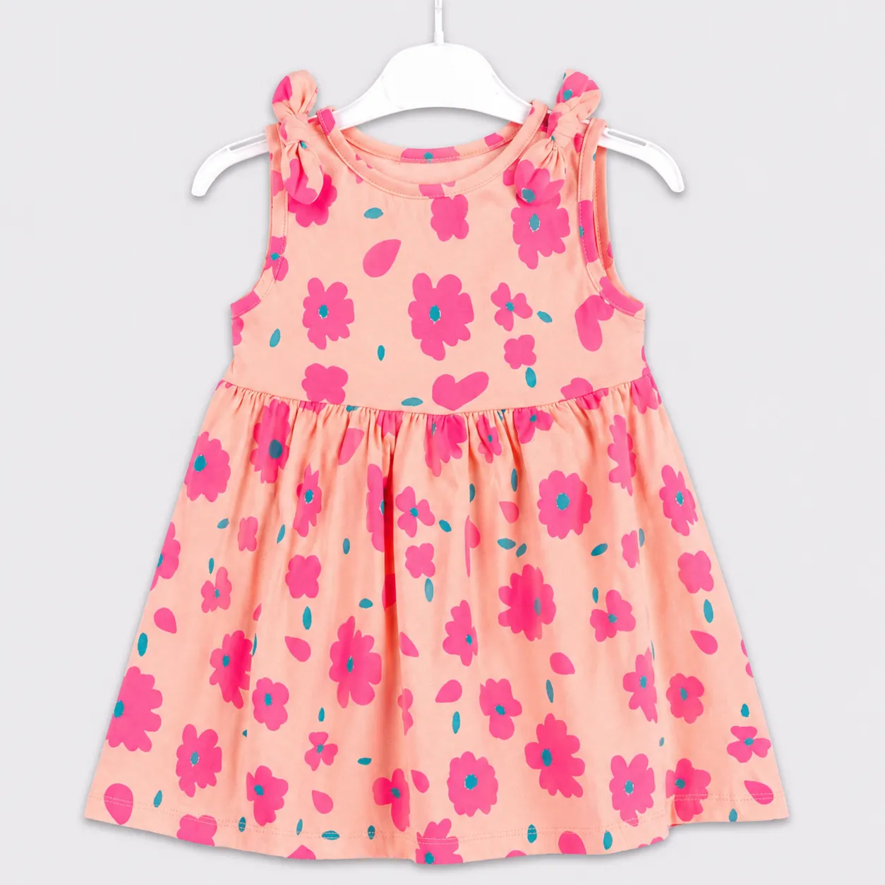 Tuffy Girl Dress – Floral Print Tie Shoulder Design – Sleeveless – Peach & Pink color option