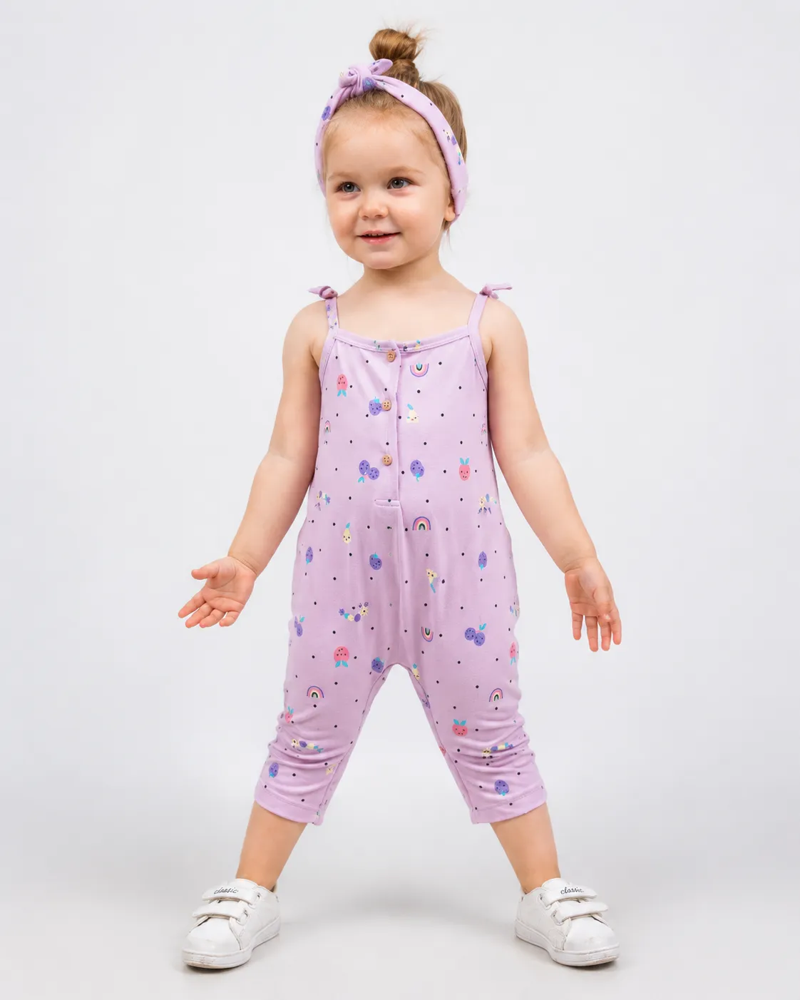 Tuffy Girl Romper – Printed Sleeveless Jumpsuit with Headband – Cotton Blend – Lavender