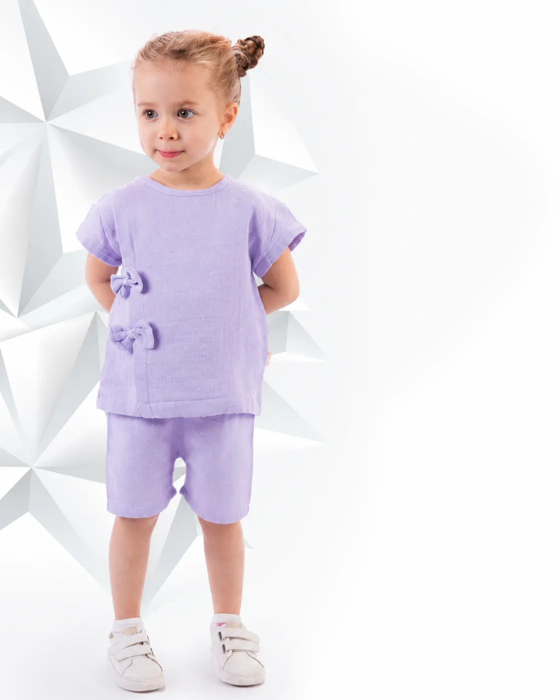 Beyaz Bebek Girls' 2-Piece Cotton Blend Top & Shorts Set with Bow Detail – 95% Cotton, 5% Elastane – Short Sleeve – purple color option