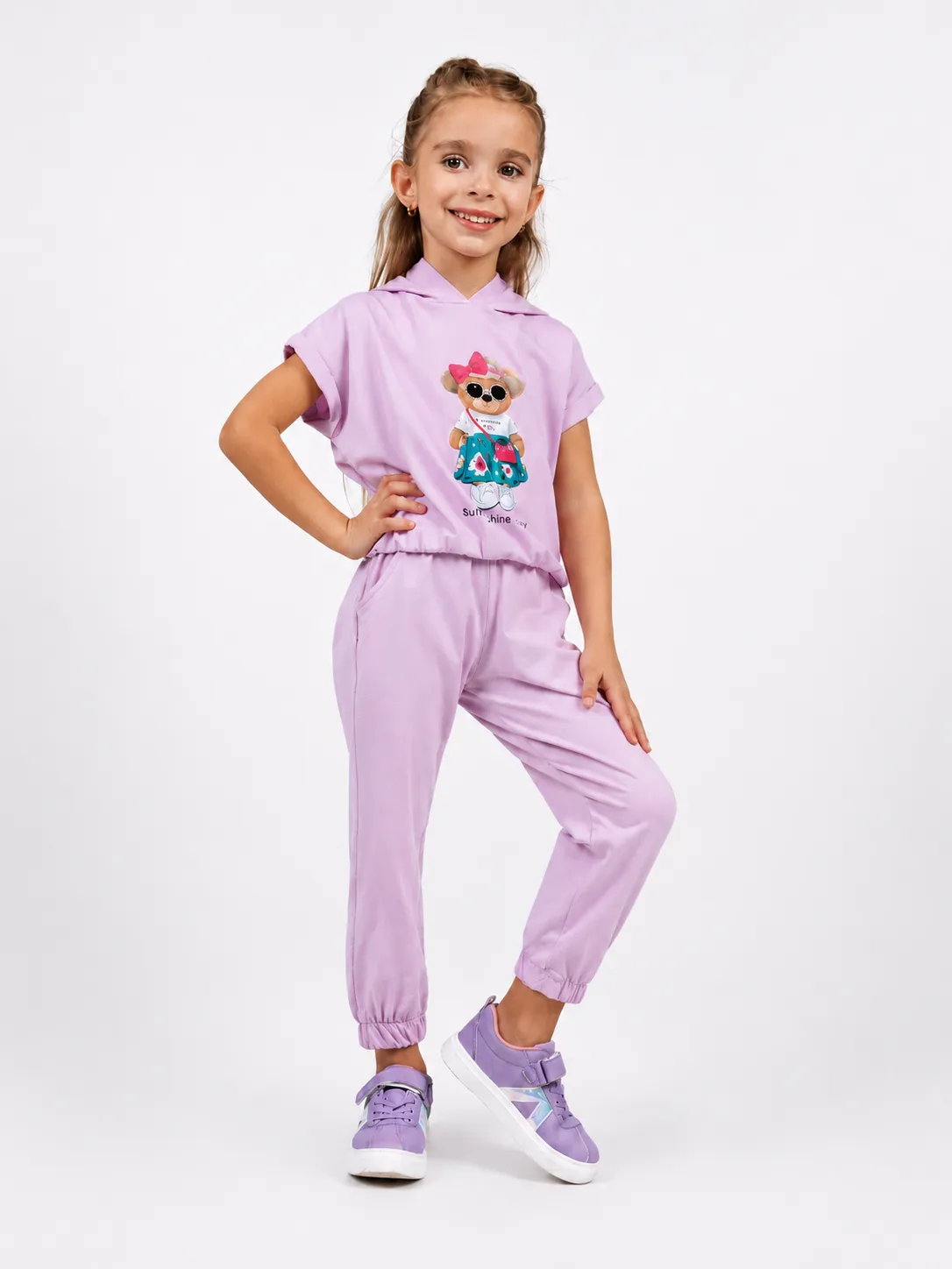 Tuffy Girls Hooded Tracksuit Set – Teddy Bear Print – Soft Cotton – Short Sleeve Top & Jogger Pants – Lavender color option